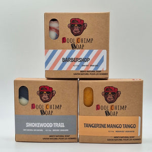 Cool Chimp Best Seller Bundle — Barbershop, Smokewood Trail & Tangerine Mango Tango soap bars. In boxes.