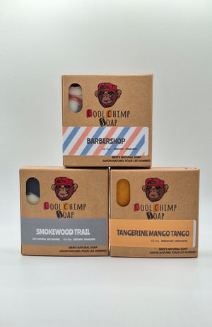 Cool Chimp Best Seller Bundle — Barbershop, Smokewood Trail & Tangerine Mango Tango soap bars. In boxes.
