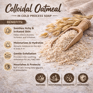 Colloidal oatmeal with a wooden scoop on a textured surface, featuring benefits text.